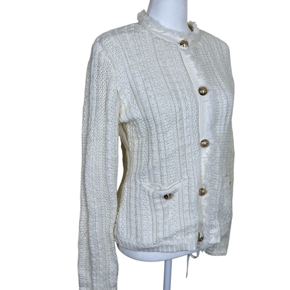 Tahari Button Up Fringe Cable Knit Cardigan Sweater Blazer Ivory Luxury Elegant - Picture 7 of 16